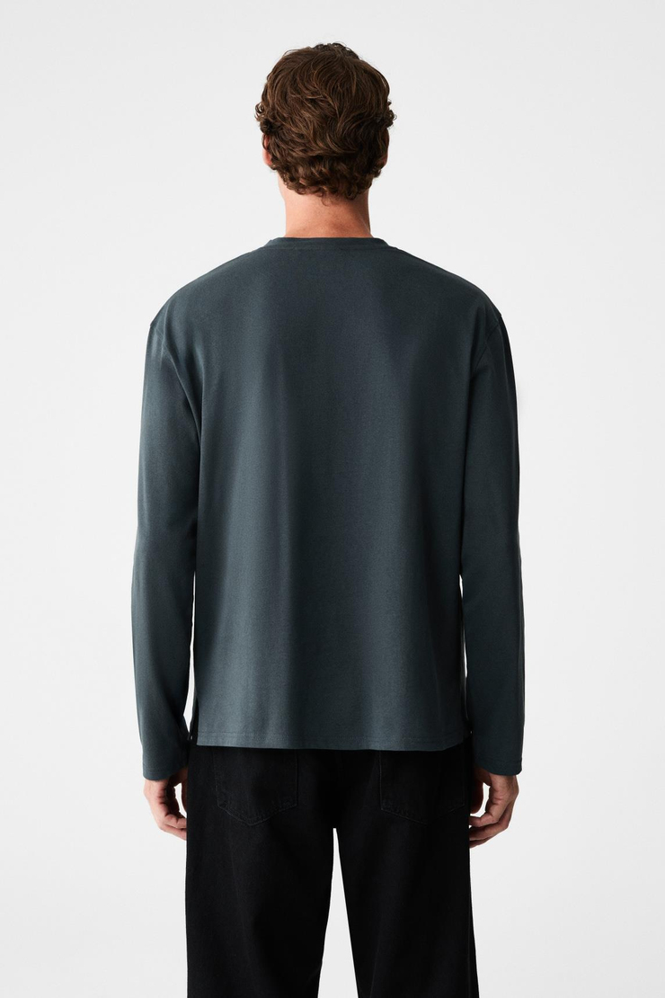 DAVIDSON Erkek Baskılı %100 Organik Pamuklu Bisiklet Yaka Oversize Uzun Kollu Antrasit T-Shirt