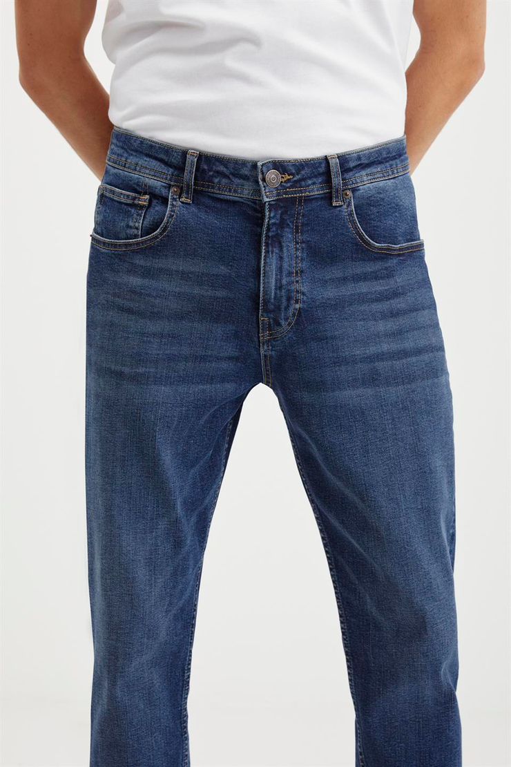 DAVIN  Slim Fit Koyu Mavi Tekli Jeans