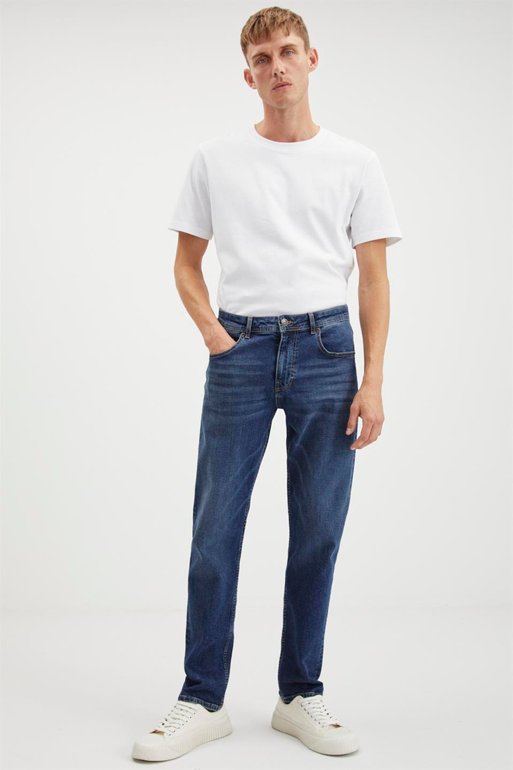 DAVIN  Slim Fit Koyu Mavi Tekli Jeans