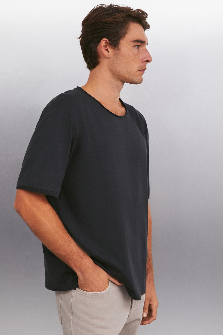 DAVINSONO  Relaxed Antrasit Tekli T-Shirt