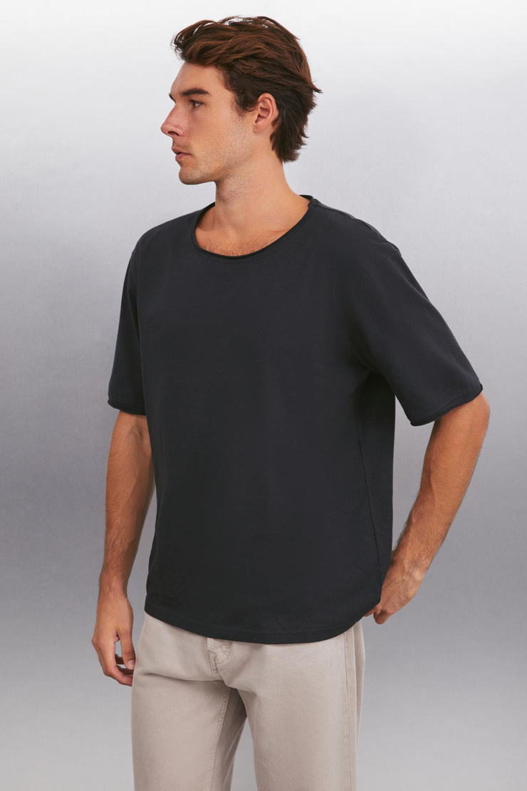 DAVINSONO  Relaxed Antrasit Tekli T-Shirt