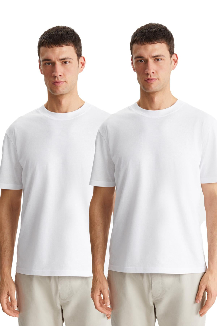DAXTON Erkek %100 Pamuk 2'li Paket Kısa Kollu Regular Fit Baskılı Beyaz T-Shirt