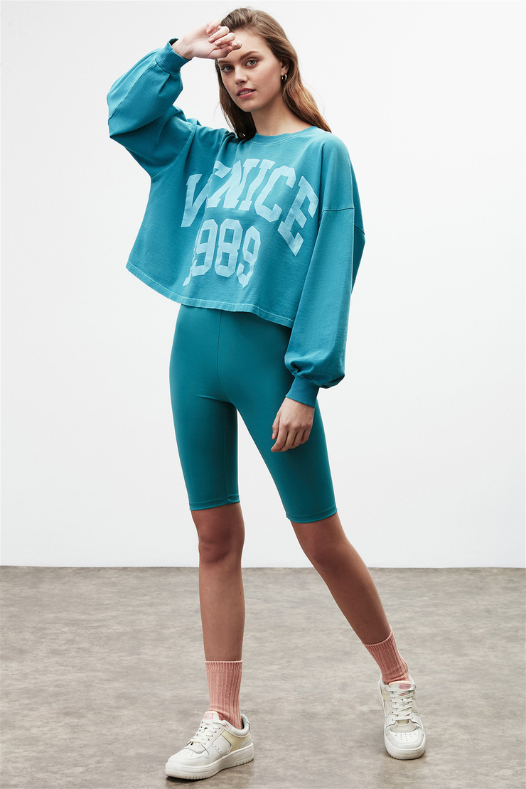 DEBORAH Kadın Mint Yeşili Baskılı Yuvarlak Yaka Oversıze T-Shirt