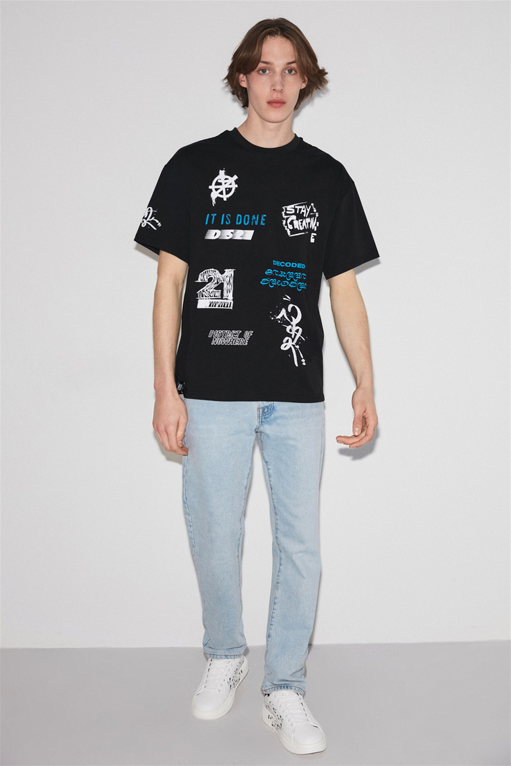DECODED Erkek Siyah Baskılı Yuvarlak Yaka Oversize T-Shirt