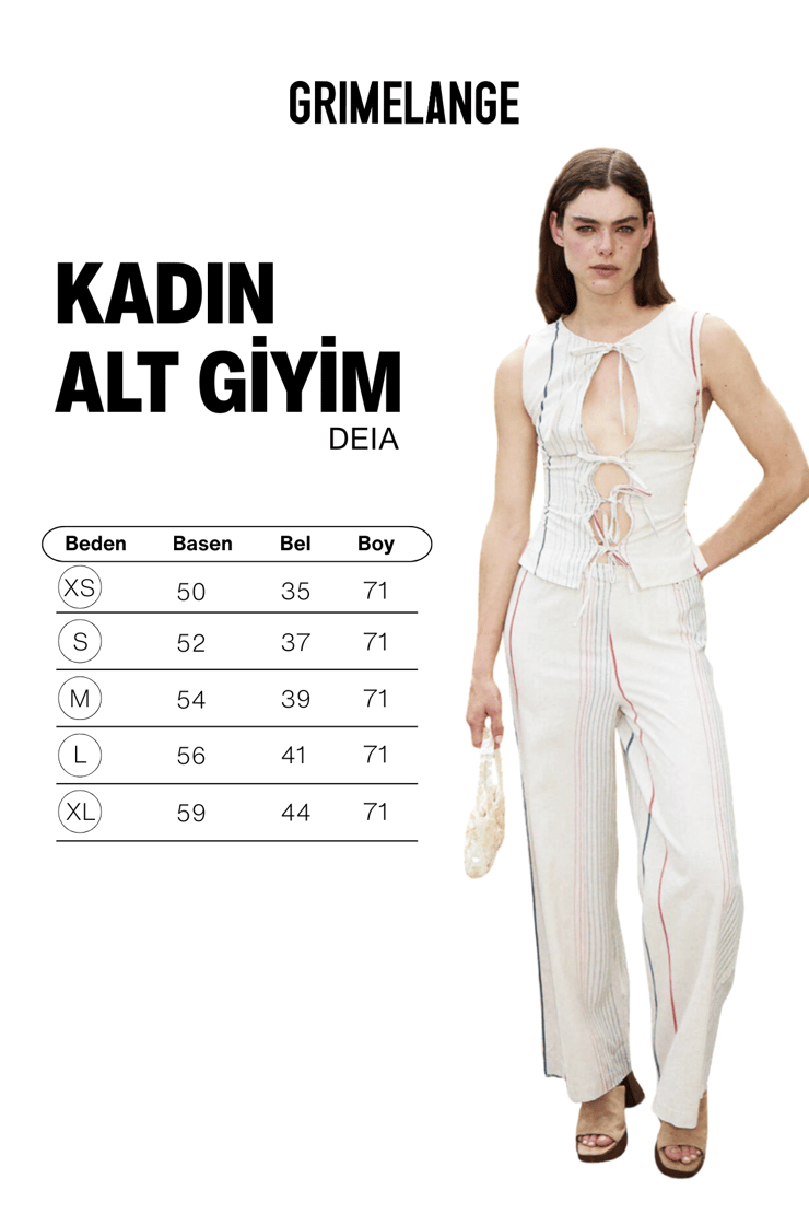 DEIA Kadın Keten Karışımlı Beli Lastikli Çizgi Detaylı Ekru Pantolon
