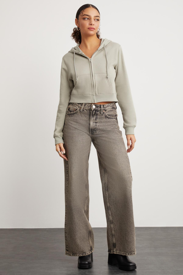 DELIA Crop Relaxed Çağla Yeşili Tekli Sweatshirt
