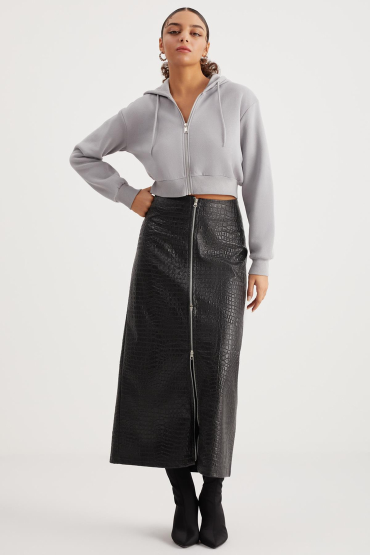 DELIA Crop Relaxed Gri Tekli Sweatshirt