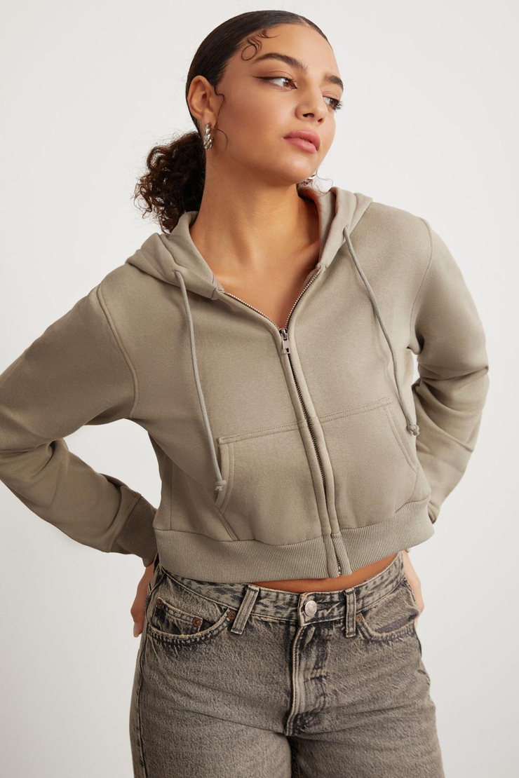 Delıa Kadın Crop İçi Polarlı Fermuarlı Organik Pamuklu Kapüsonlu Kordonlu Bej Sweatshirt
