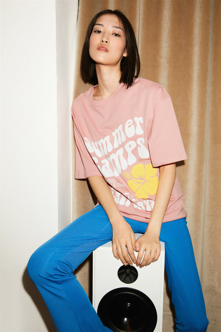 DELPHINE Kadın Pembe Baskılı Yuvarlak Yaka Oversize T-Shirt
