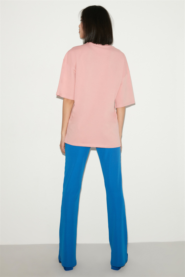 DELPHINE Kadın Pembe Baskılı Yuvarlak Yaka Oversize T-Shirt