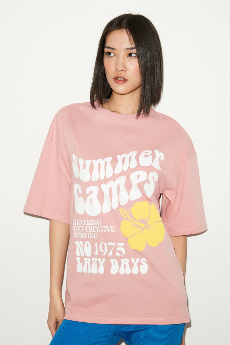 DELPHINE Kadın Pembe Baskılı Yuvarlak Yaka Oversize T-Shirt