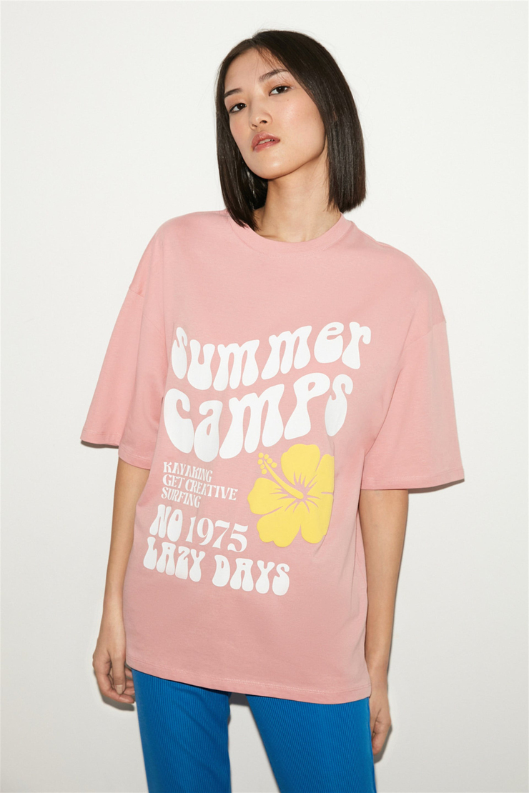DELPHINE Kadın Pembe Baskılı Yuvarlak Yaka Oversize T-Shirt