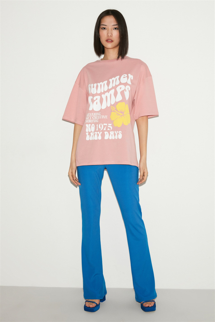 DELPHINE Kadın Pembe Baskılı Yuvarlak Yaka Oversize T-Shirt