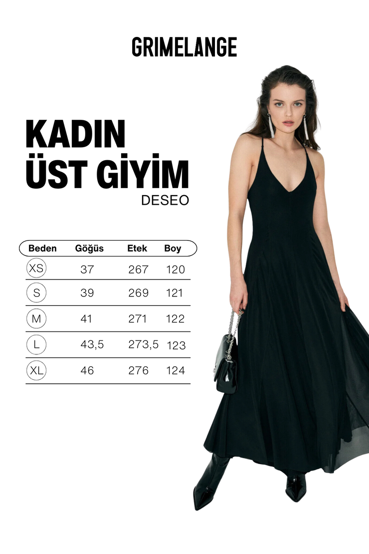 DESEO Kadın V Yaka Çapraz Ayarlanabilir Askılı Etek Ucu Geniş Esnek Tül Kumaşlı Siyah Elbise