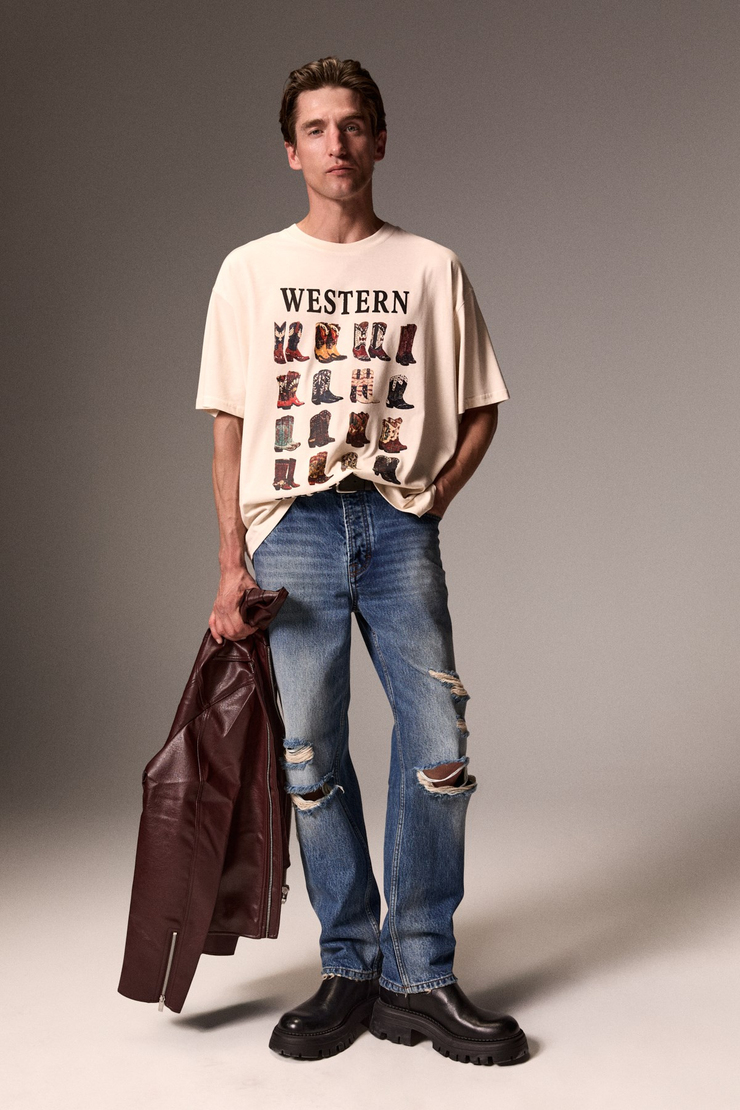 DRAVEN Erkek Organik Pamuklu Baskılı Ekru T-Shirt