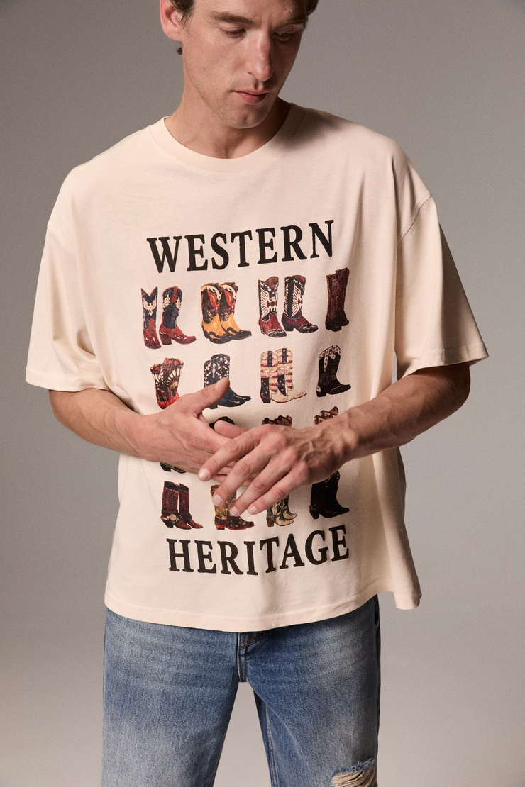 DRAVEN Erkek Organik Pamuklu Baskılı Ekru T-Shirt