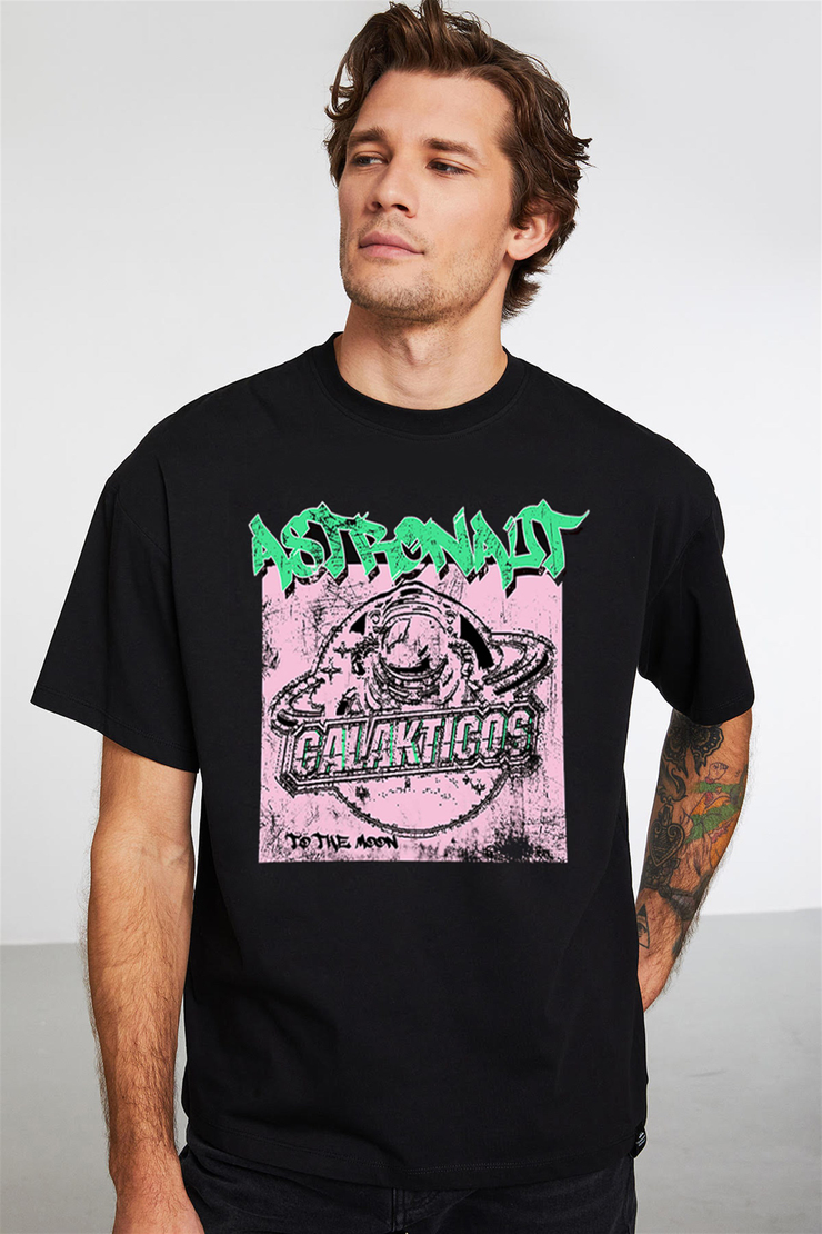 DUDE Siyah Erkek Baskılı Yuvarlak Yaka     Oversıze T-Shirt