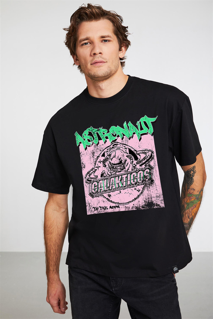 DUDE Siyah Erkek Baskılı Yuvarlak Yaka     Oversıze T-Shirt