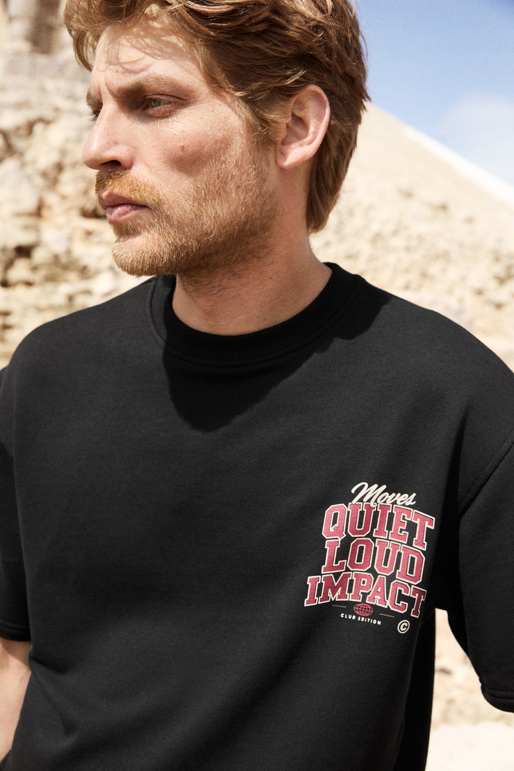 DUKI Erkek Bisiklet Yaka Organik Pamuklu Baskılı Oversıze Siyah T-Shirt