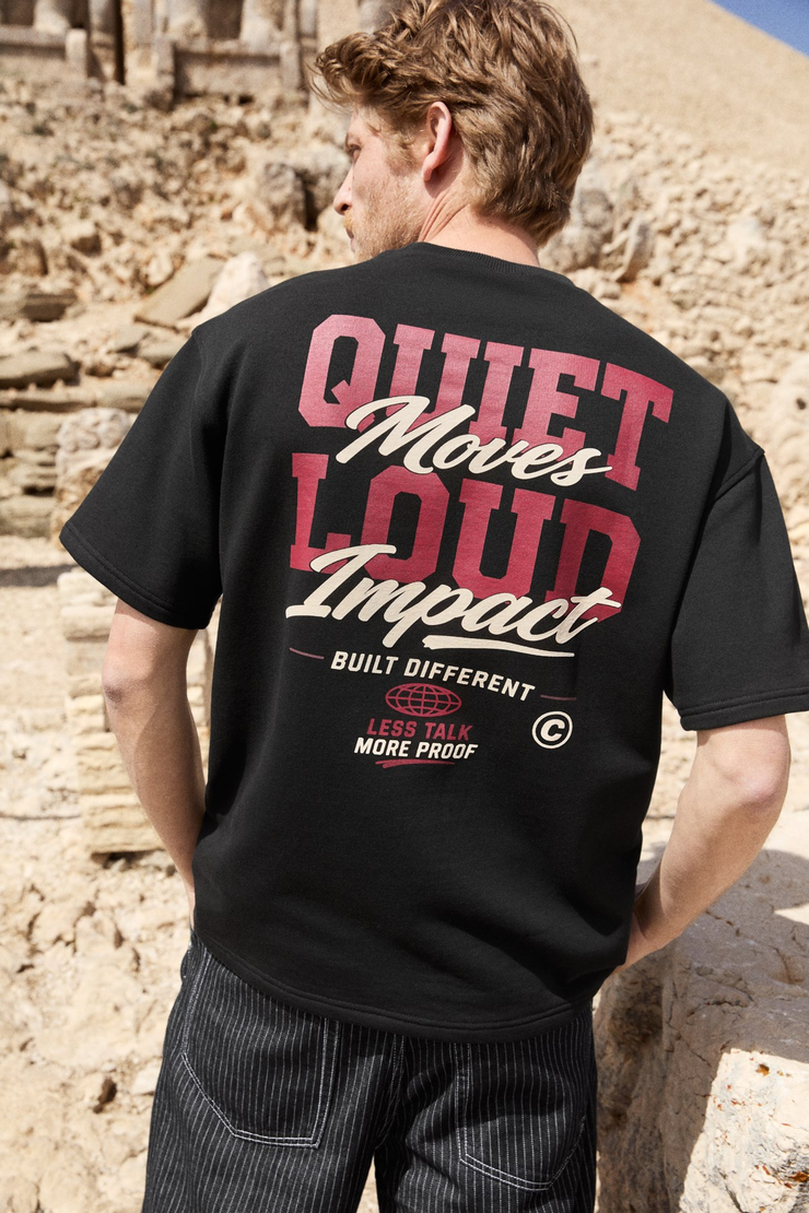 DUKI Erkek Bisiklet Yaka Organik Pamuklu Baskılı Oversıze Siyah T-Shirt