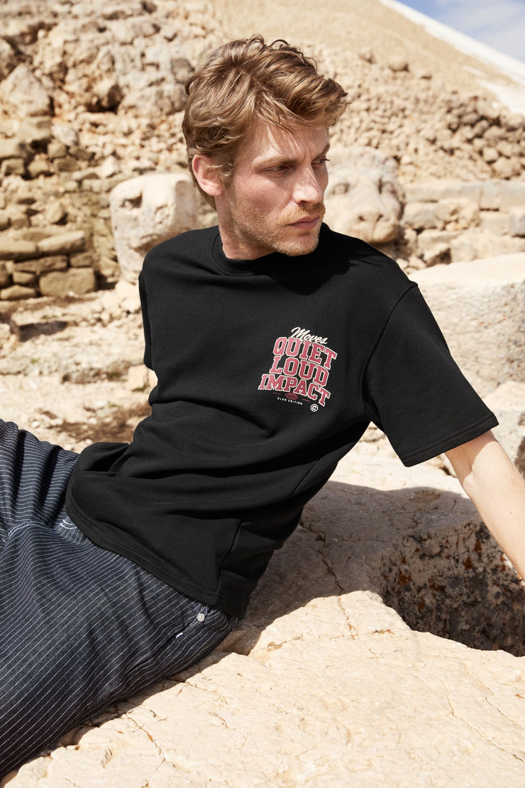 DUKI Erkek Bisiklet Yaka Organik Pamuklu Baskılı Oversıze Siyah T-Shirt