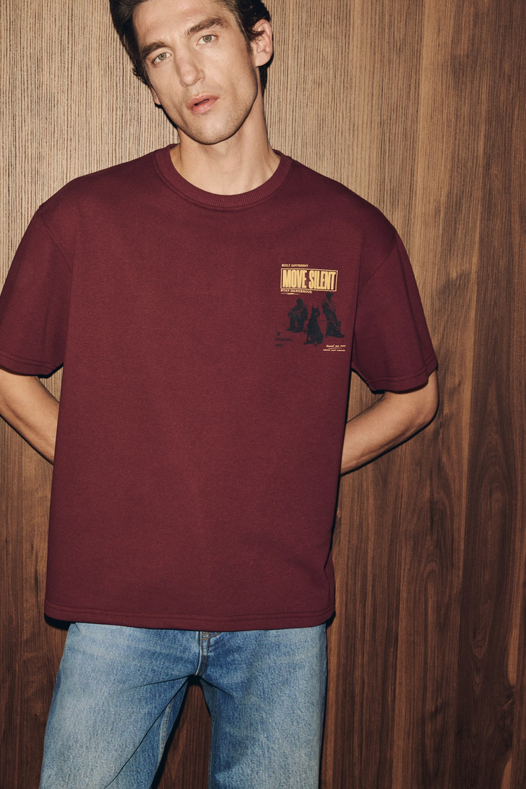 DUKI Erkek Bisiklet Yaka Organik Pamuklu Baskılı Oversıze Bordo T-Shirt