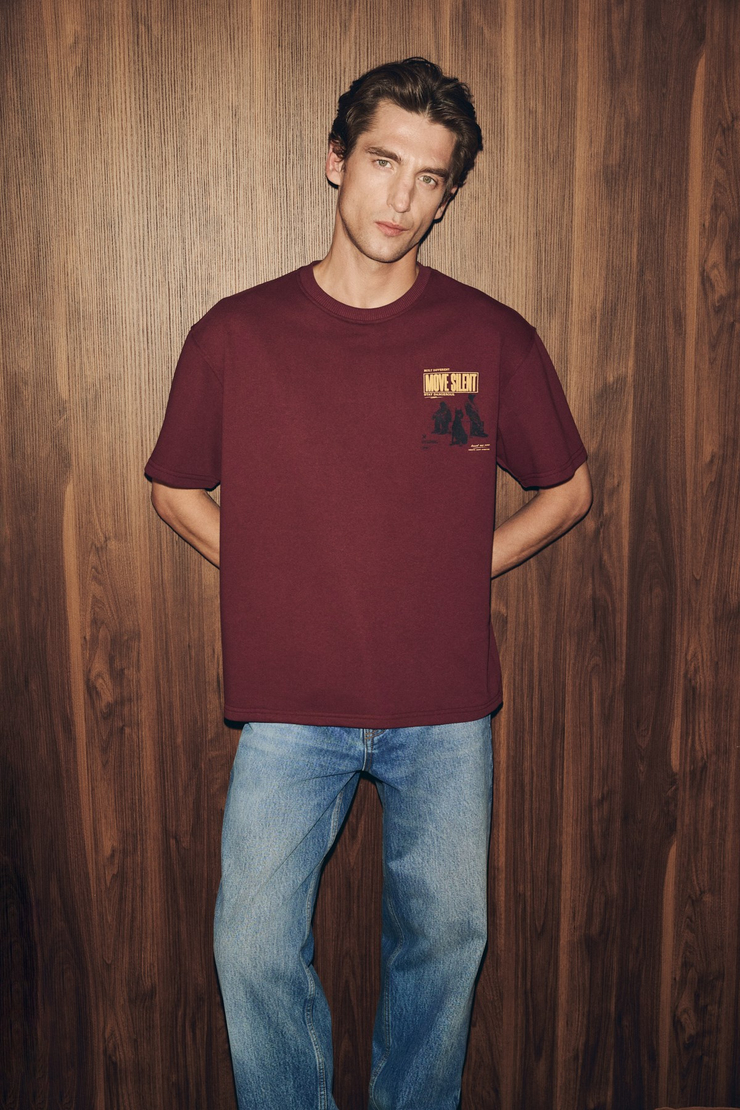 DUKI Erkek Bisiklet Yaka Organik Pamuklu Baskılı Oversıze Bordo T-Shirt