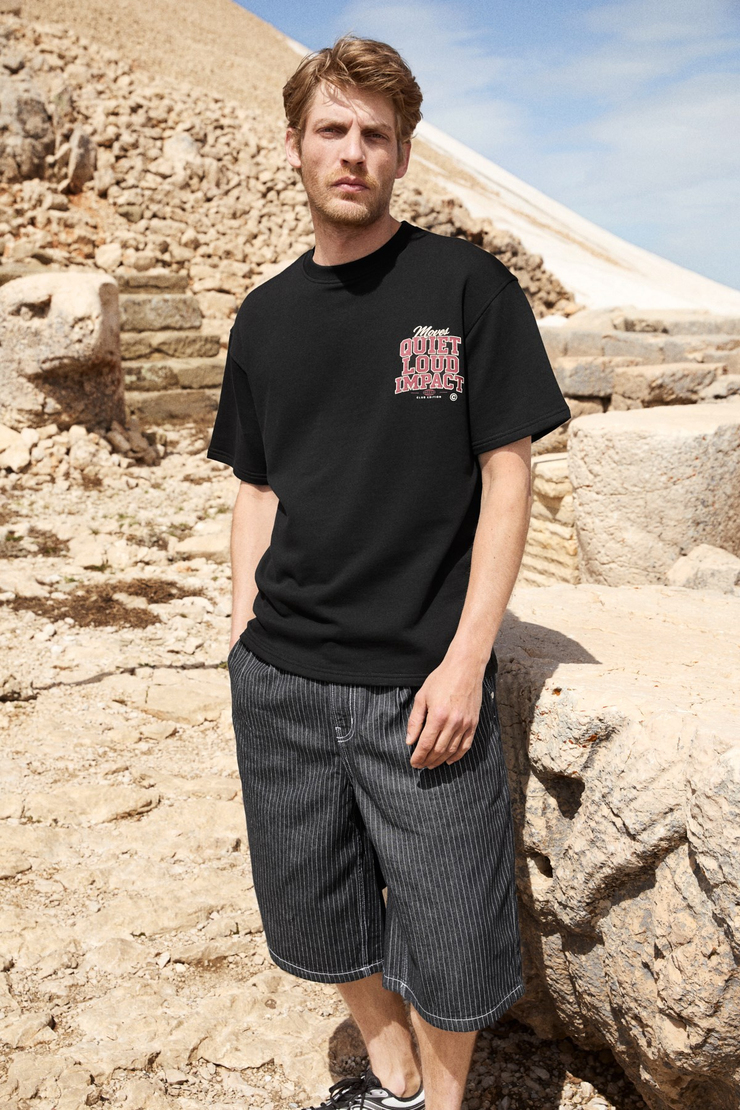 DUKI Erkek Bisiklet Yaka Organik Pamuklu Baskılı Oversıze Siyah T-Shirt