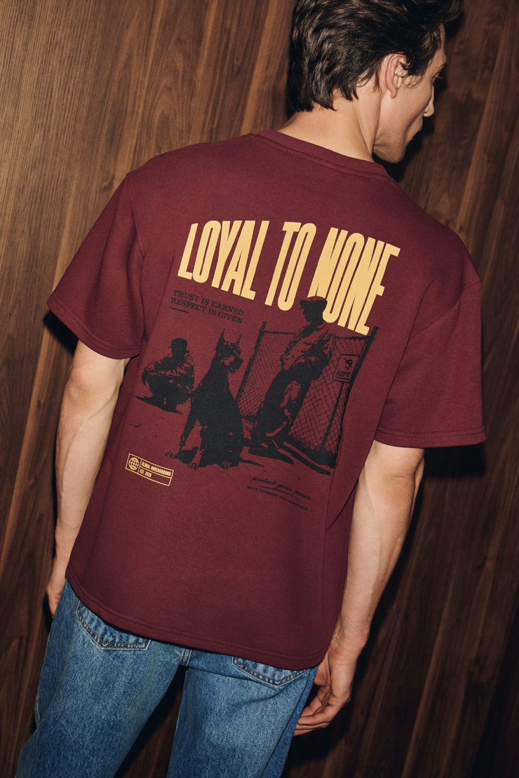 DUKI Erkek Bisiklet Yaka Organik Pamuklu Baskılı Oversıze Bordo T-Shirt