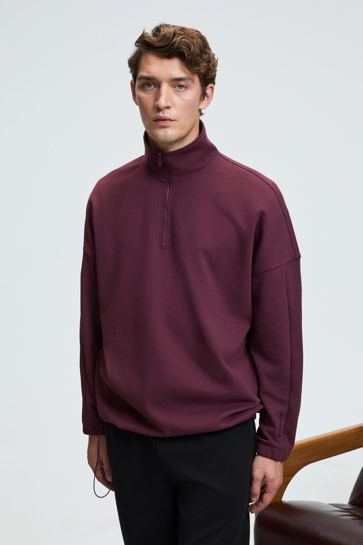 EDISON Erkek Yarım Fermuarlı Kolu Baskılı Dik Yaka Bordo Sweatshirt