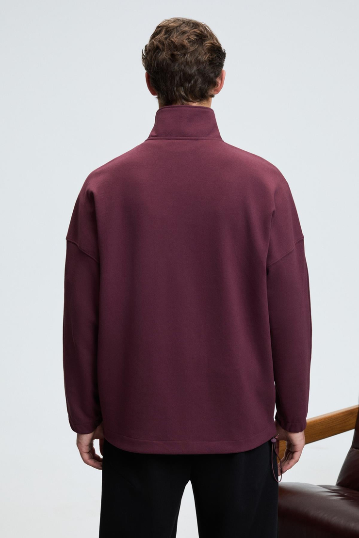 EDISON Erkek Yarım Fermuarlı Kolu Baskılı Dik Yaka Bordo Sweatshirt