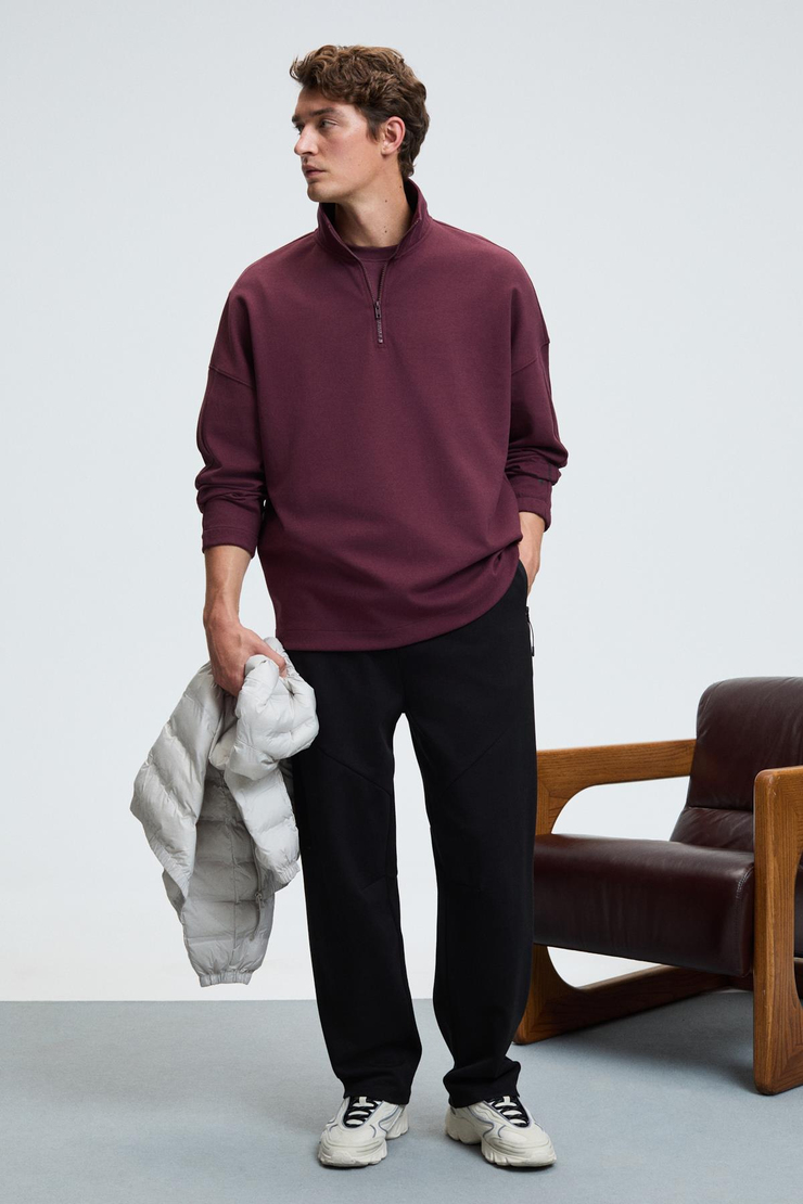EDISON Erkek Yarım Fermuarlı Kolu Baskılı Dik Yaka Bordo Sweatshirt