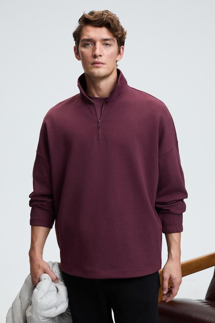 EDISON Erkek Yarım Fermuarlı Kolu Baskılı Dik Yaka Bordo Sweatshirt