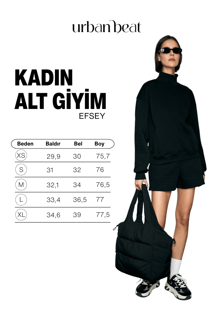 EFSEY Kadın Polarlı Yumuşak Kumaşlı Baskı Detaylı Çift Cepli Siyah Şort