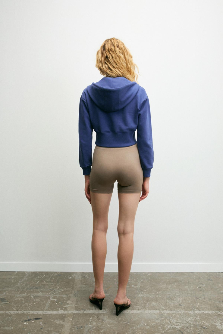 ELARA Kadın Metal Fermuarlı Nakışlı Kapüşonlu Crop İndigo Sweatshirt