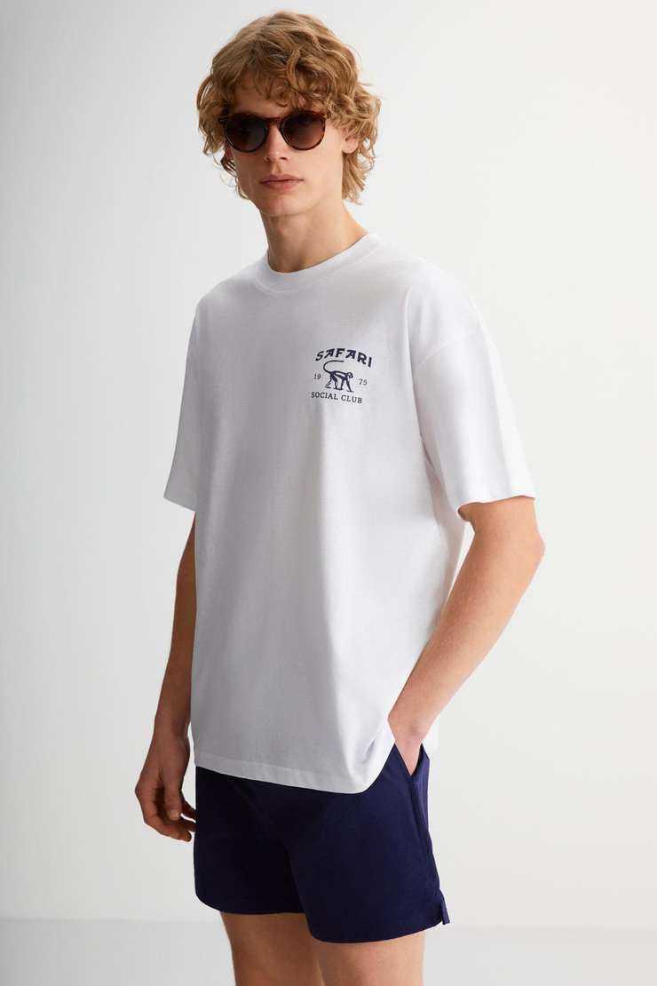 ELIO Erkek %100 Pamuk Bisiklet Yaka Kısa Kollu Baskılı Beyaz T-Shirt
