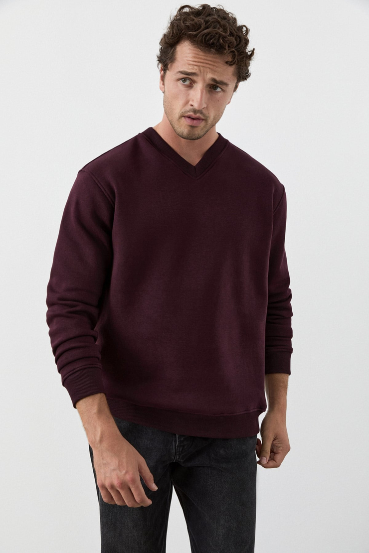 ELION Erkek V Yakalı Bordo Sweatshirt