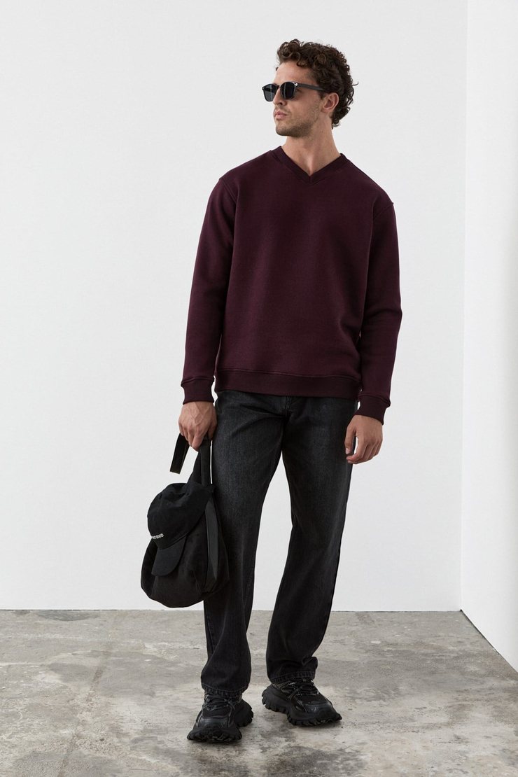 ELION Erkek V Yakalı Bordo Sweatshirt