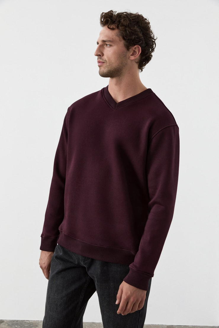 ELION Erkek V Yakalı Bordo Sweatshirt