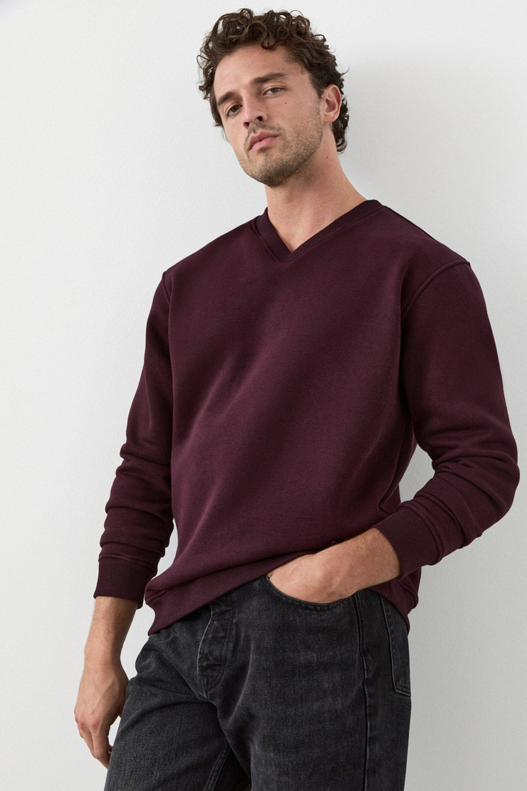 ELION Erkek V Yakalı Bordo Sweatshirt