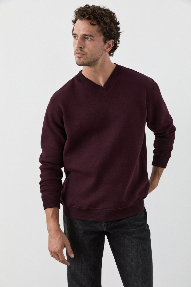 ELION Erkek V Yakalı Bordo Sweatshirt