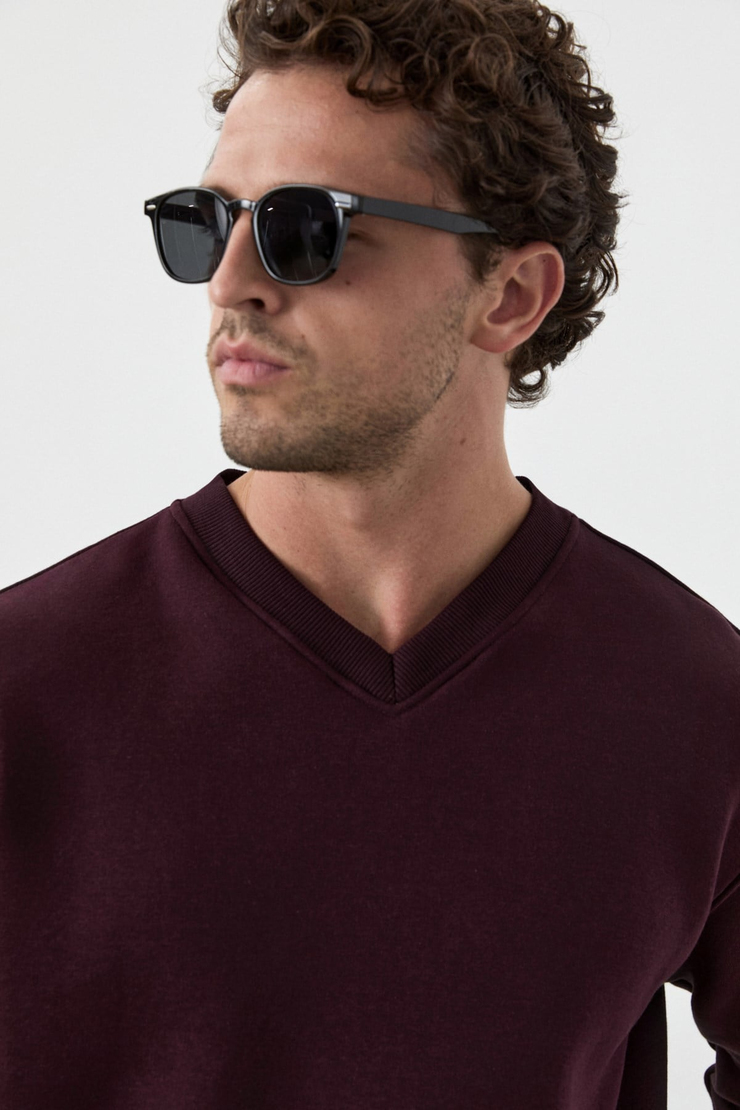 ELION Erkek V Yakalı Bordo Sweatshirt