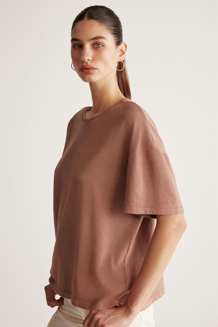 ELIZA Örme Oversize Kahverengi Tekli T-Shirt