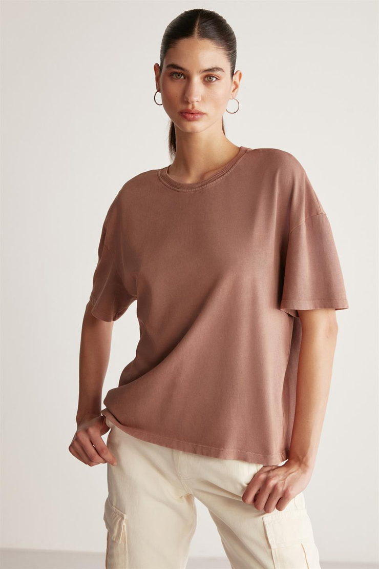 ELIZA Örme Oversize Kahverengi Tekli T-Shirt