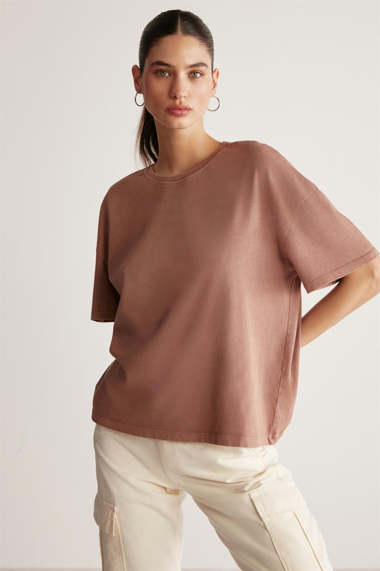 ELIZA Örme Oversize Kahverengi Tekli T-Shirt