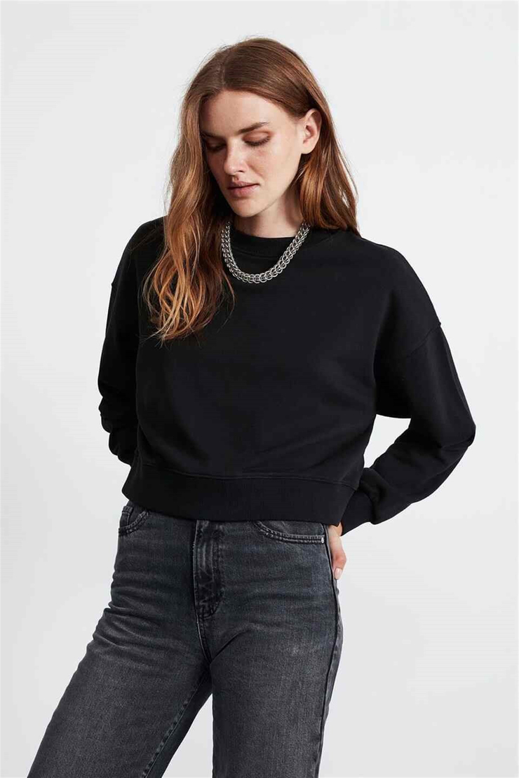 ELIZABETH Kadın Siyah Düz Renk Yuvarlak Yaka Comfort Fit Sweatshirt