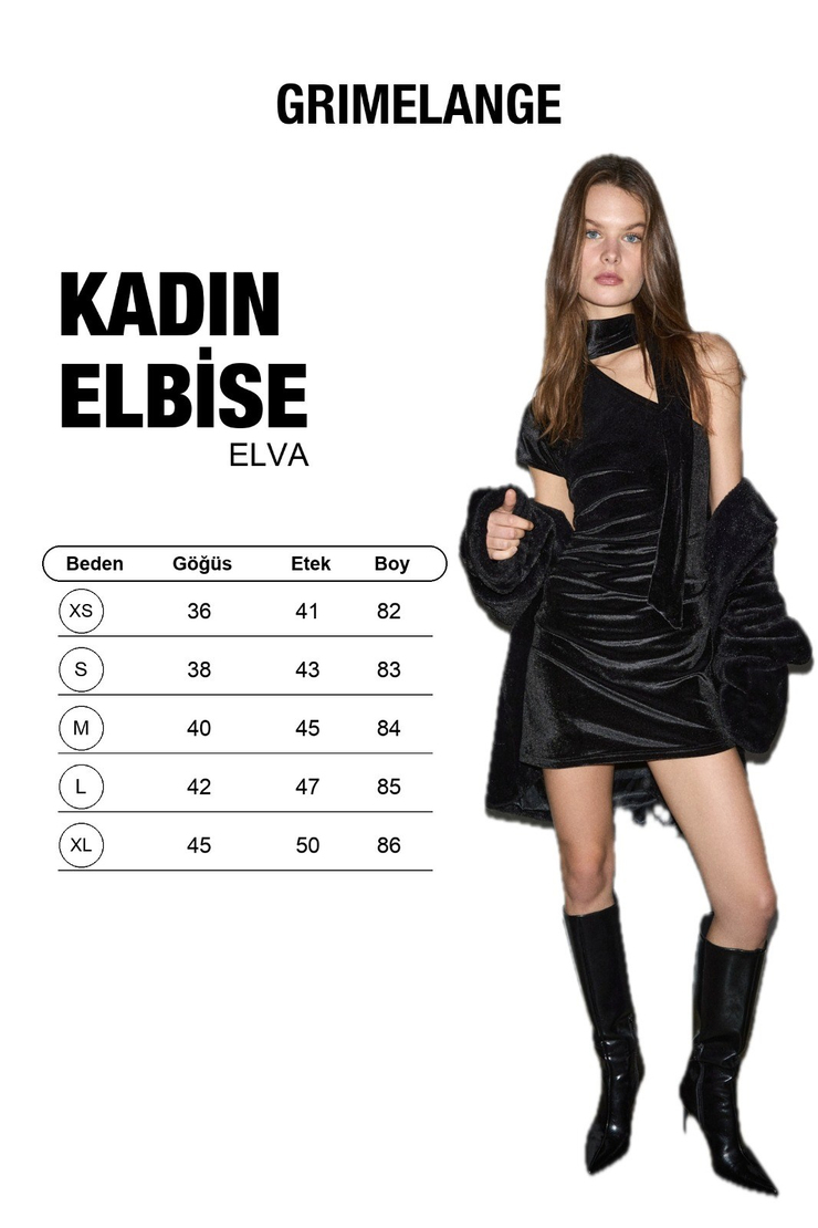 ELVA Kadın Tek Omuz Yaka Bağlama Detaylı Büzgülü Kadife Siyah Elbise