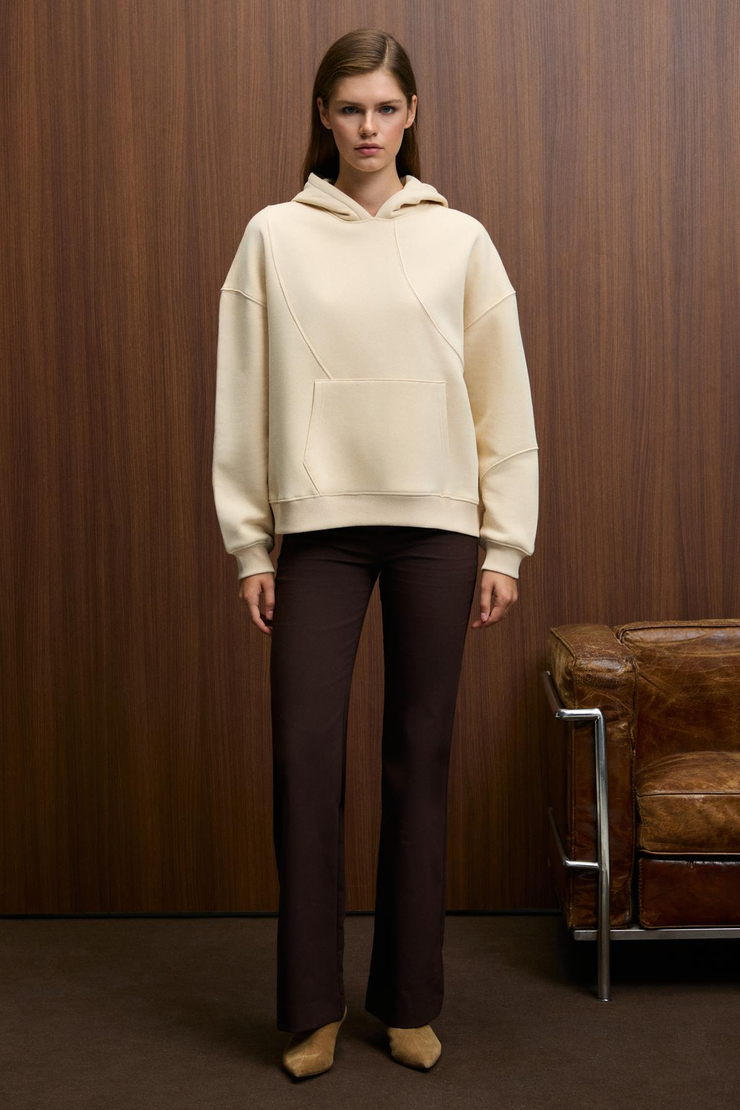 ELYRA Kadın Oversize Dikiş Detaylı Kapüşonlu Vizon Sweatshirt