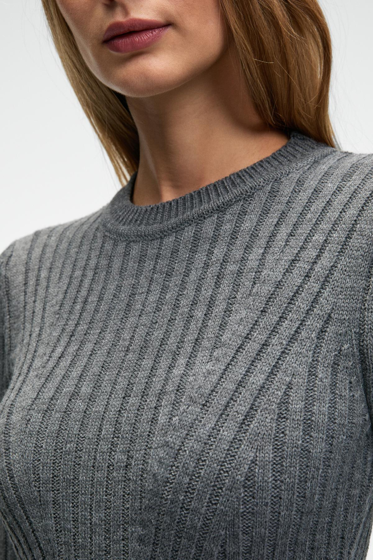 ENCANTO Kadın Yuvarlak Yaka Çizgi Desenli Parmak Geçme Detaylı Slim Fit Antrasit Elbise