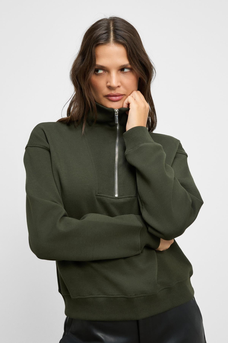 ENDORA Kadın Yumuşak Polarlı Kumaşlı Yakası Fermuarlı Regular Haki Sweatshirt